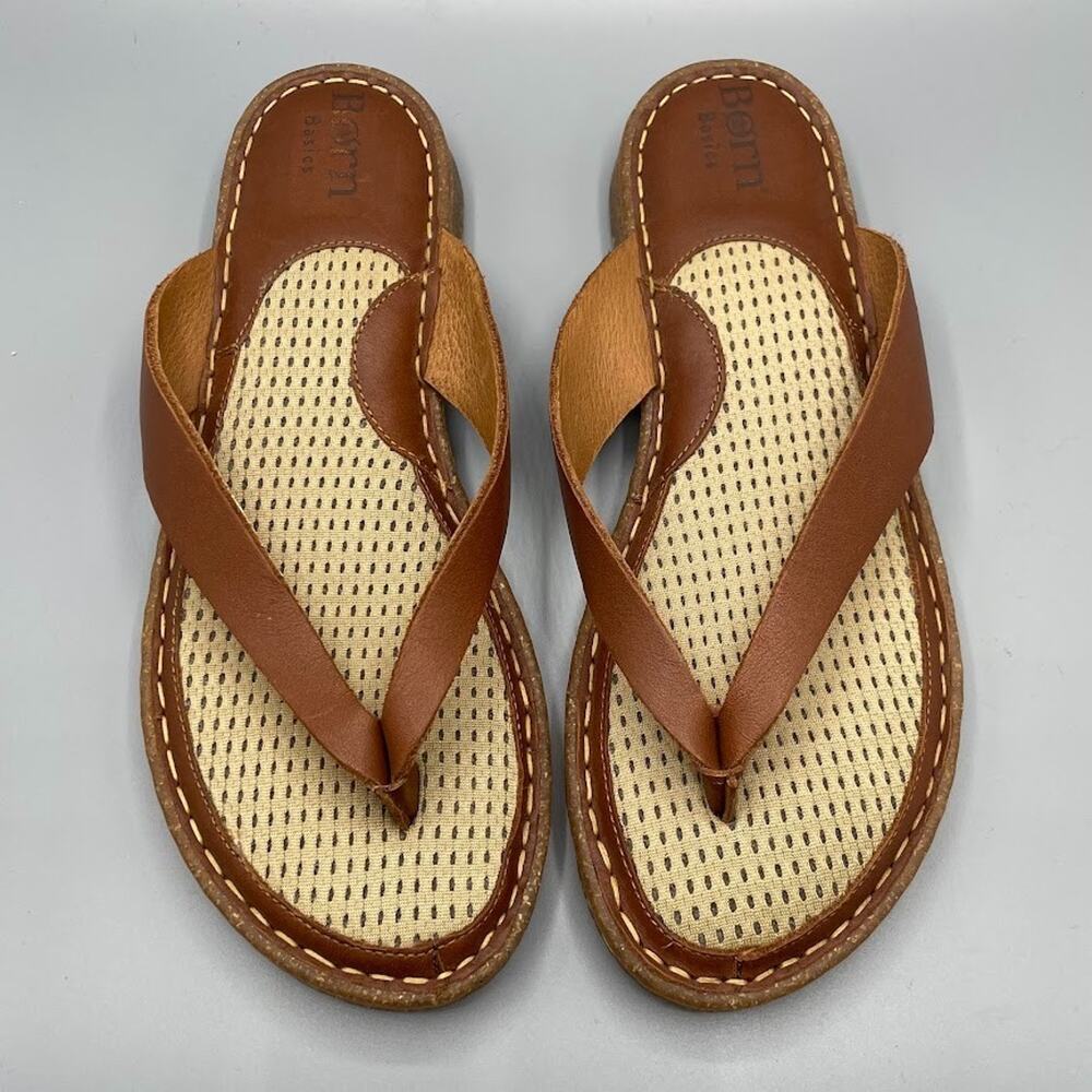 Born Basics Flip Flops Women Size 10 Brown Leather Cushioned Comfort Bora Thongs